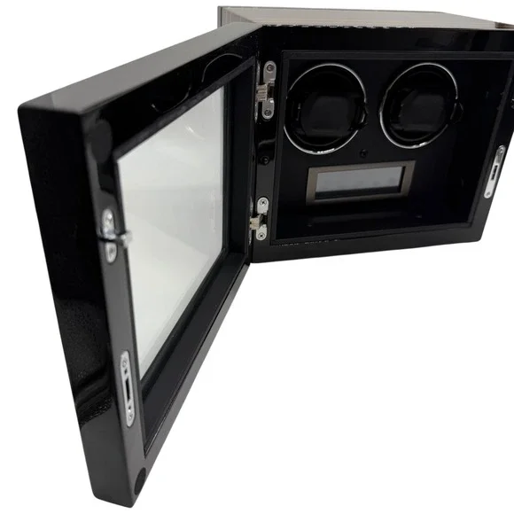 Dual Watch Winder Ebony Wood Grain Finish Black Automatic Watch Box with Adapter